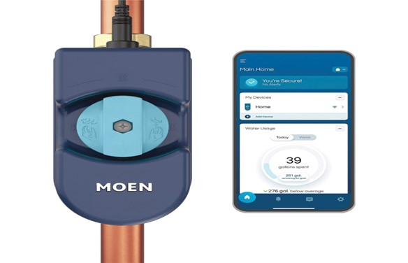 Blog - Close Up of Moen Equipment with a Moen App Open on a Mobile Phone
