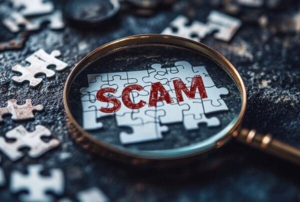 Guarding Against Modern Scams/ Lessons from 'The Sting' to Today's Digital Cons - Puzzle pieces spelling out spam under a magnifying glass