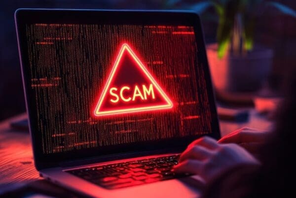 Preventing-Wire-Fraud - Laptop open to show a red scam alert